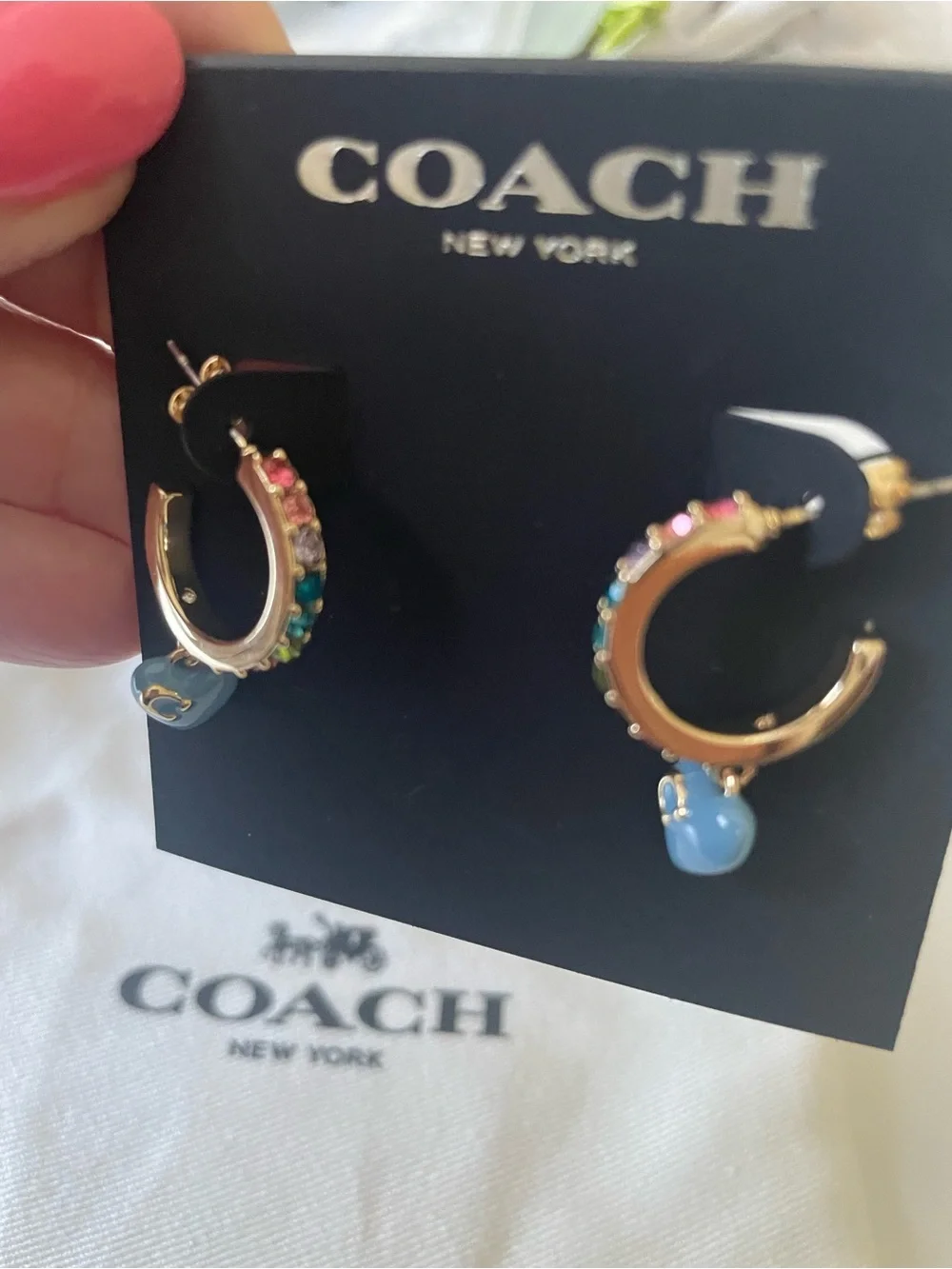 COACH Gold Hoop Earrings with Blue Heart and Multicolor Crystals - Picture 4 of 7